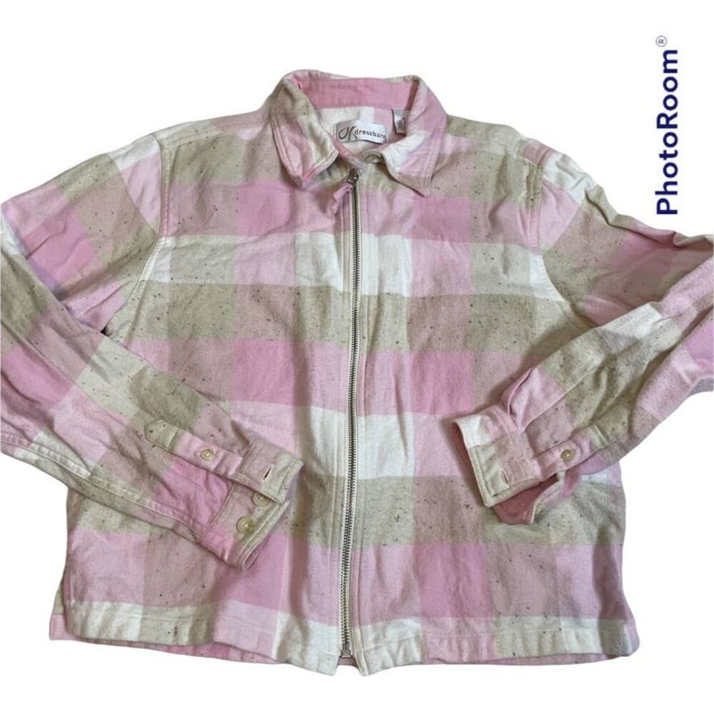DRESSBARN Medium 100% Cotton Plaid Zip Up Shacket Jacket‎ Collar Pink White